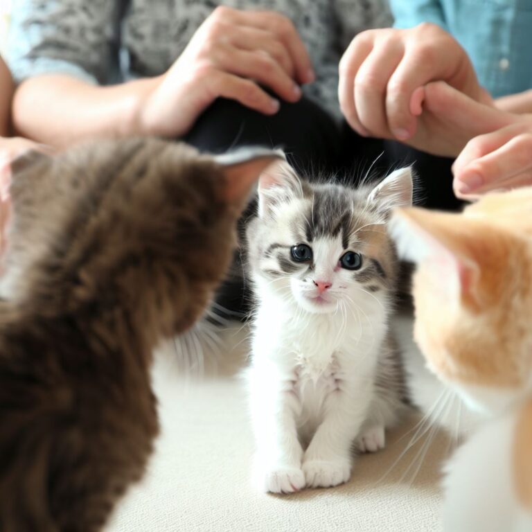 Three kittens in the picture sitting along with family members - Kitten Socialization